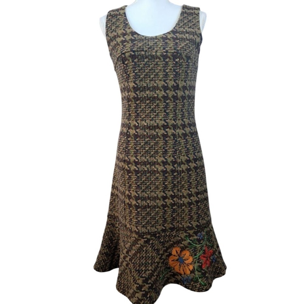 OILILY S Brown Tweed Wool‎ Midi Dress Houndstooth Sleeveless Embroidered Retro